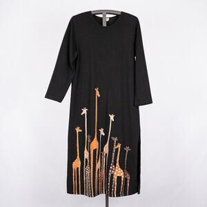 Vintage Long Sleeve Cotton Maxi Dress Size LARGE USA Made Giraffe Animal Safari